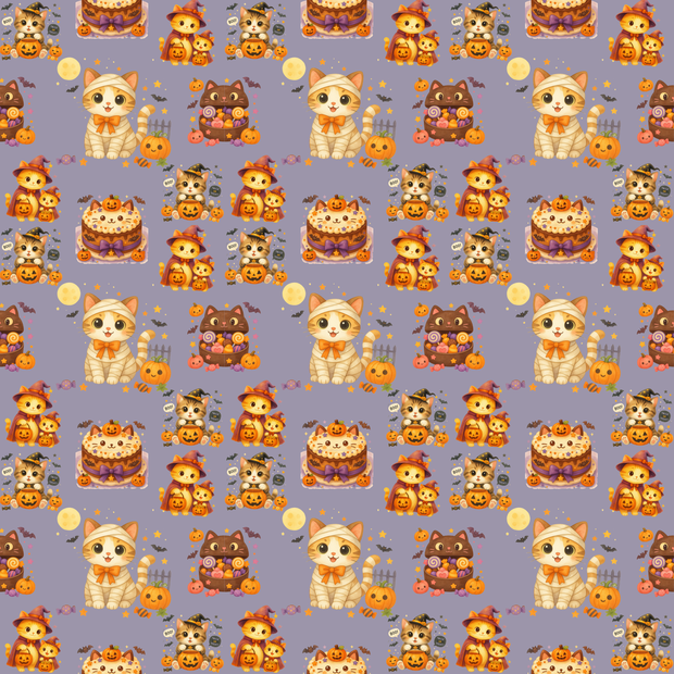 【デジタルペーパー】ハロウィン猫柄 仮装猫&お菓子ケーキ シームレスパターン素材