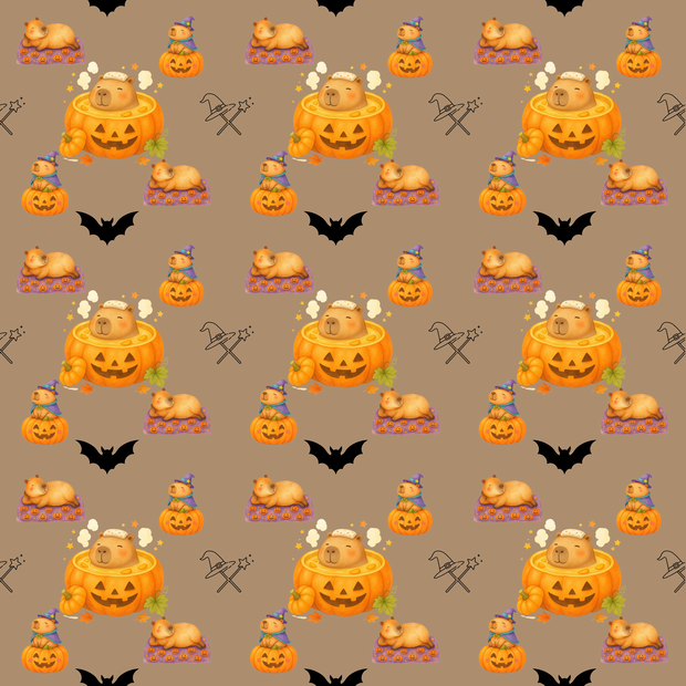 ハロウィン柄シームレスパターン カピバラ かぼちゃ風呂 デジタルペーパー