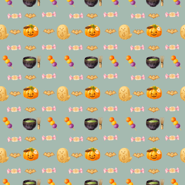 ハロウィン柄シームレスパターン 和菓子 かぼちゃ羊羹&抹茶 デジタルペーパー