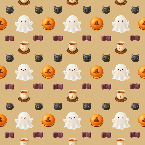 ハロウィン柄シームレスパターン 和菓子 お化け餅&ほうじ茶 デジタルペーパー