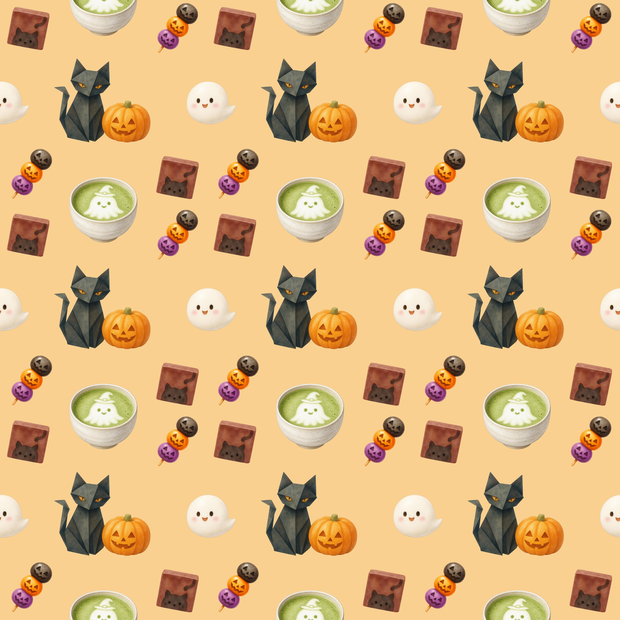 ハロウィン柄シームレスパターン 和菓子 黒猫折り紙&抹茶ラテ デジタルペーパー