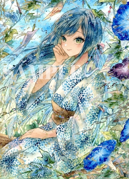 手描きイラスト水彩原画黒色タンクトップの女の子143