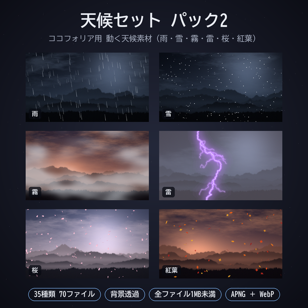 天候セット パック2｜ココフォリア用 動く天候素材（雨・雪・霧・雷・桜・紅葉）35種 APNG／WebP