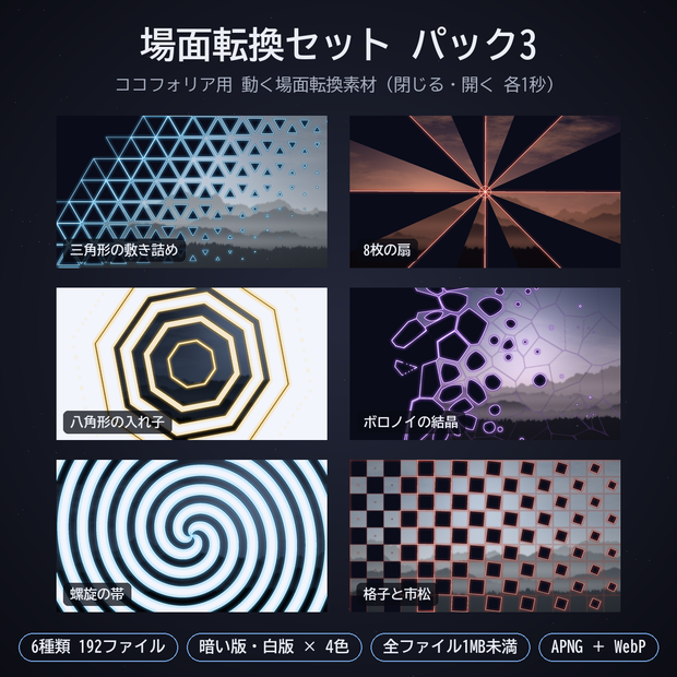 場面転換セット パック3｜ココフォリア用 動く場面転換素材（閉じる・開く）6種 暗い版・白版 APNG／WebP
