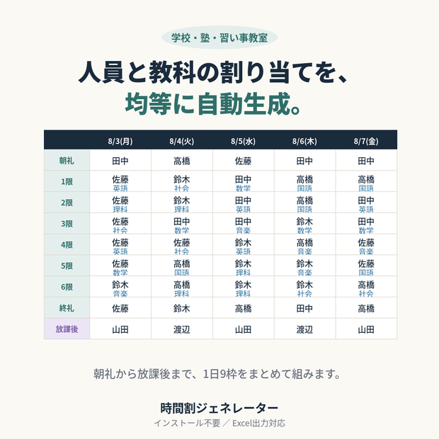 時間割ジェネレーター｜人員と教科の割り当てを自動生成