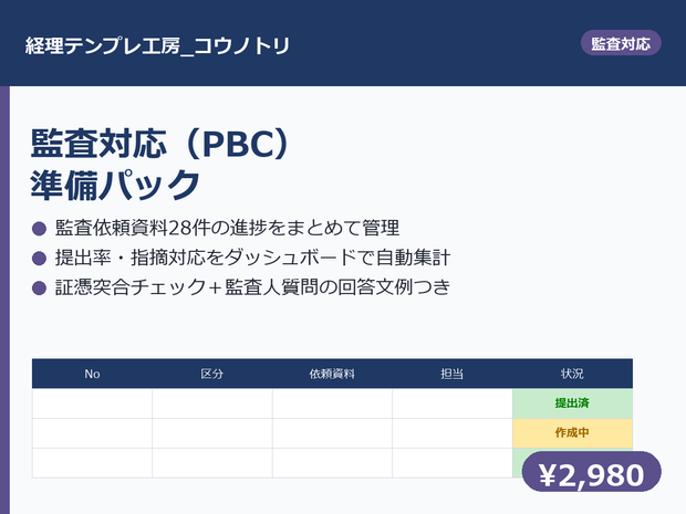 【監査対応】PBC資料準備パック｜依頼一覧・提出状況・証憑突合・回答文例を1セットで管理