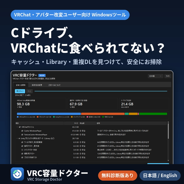 【無料診断版あり】VRC容量ドクター｜VRChatキャッシュ・Unity Libraryを安全にお掃除【Windows】