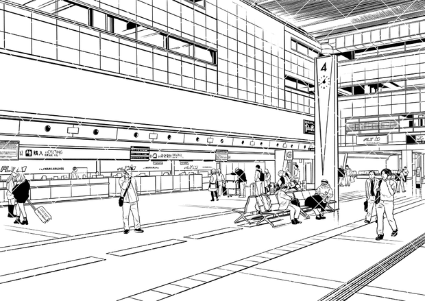 空港の出発ロビー（モブ付き）