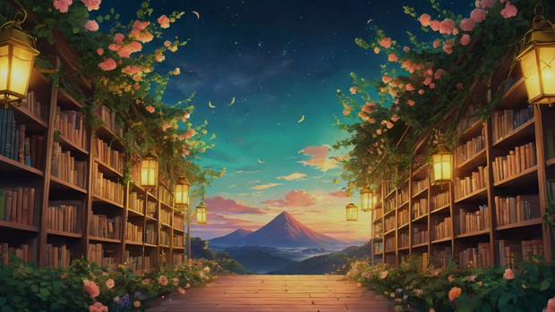 【幻想素材】書架庭園の図書館｜背景画像1600×900px