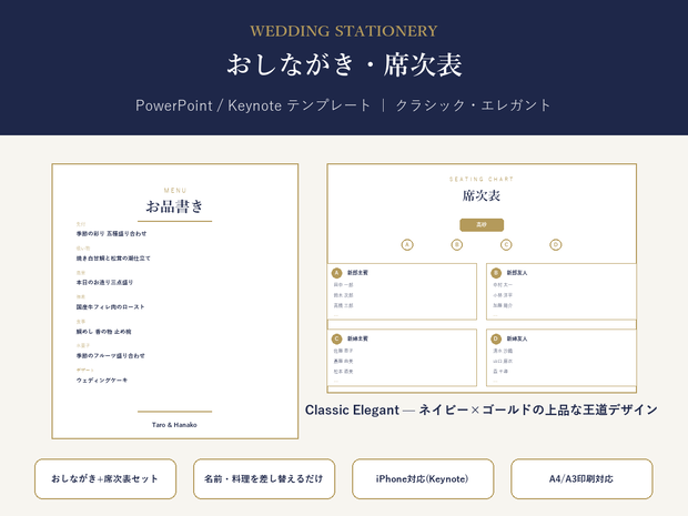 結婚式 おしながき・席次表 テンプレート【Classic Elegant】名前を差し替えるだけ・PC/iPhone対応