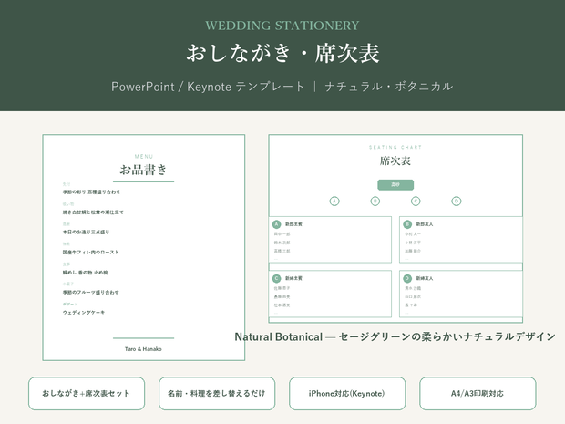 結婚式 おしながき・席次表 テンプレート【Natural Botanical】名前を差し替えるだけ・PC/iPhone対応