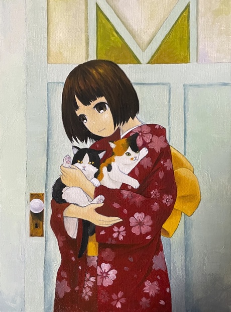 原画「子猫二匹を抱く大正のお嬢様」油絵　F4