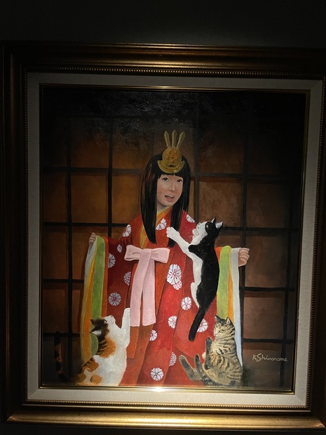 原画「十二単衣の姫様と猫たち」　油彩　F10　[Princesses in twelve-layered robes with cats]