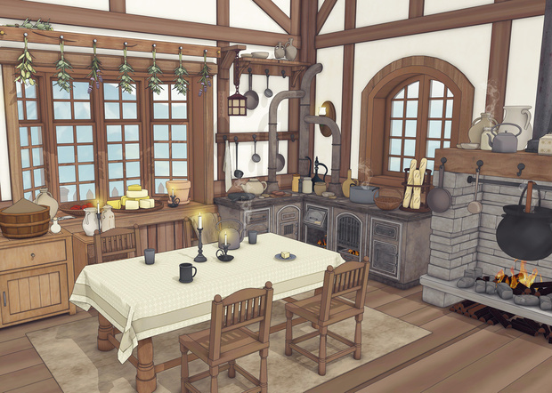 小さな菜園のあるこぢんまりとした家（外部 / 内部）｜3D背景素材（SketchUp）