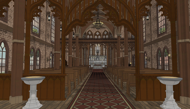 19世紀ゴシック聖堂｜祭壇・告解室付き（外部 / 内部）｜3D背景素材（SketchUp）