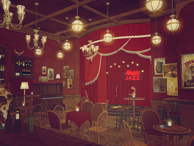 19世紀ヨーロッパ風 BAR｜舞台・電話ボックス付き（外部 / 内部）｜3D背景素材（SketchUp）