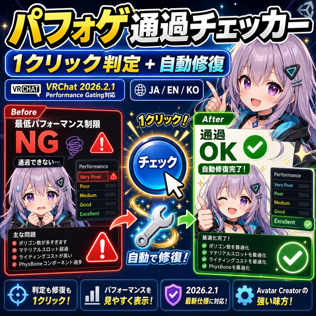 パフォゲ通過チェッカー - グループの最低パフォーマンス制限を通過できるか1クリック判定+自動修復【VRChat 2026.2.1 Performance Gating対応】【JA,En,Ko】