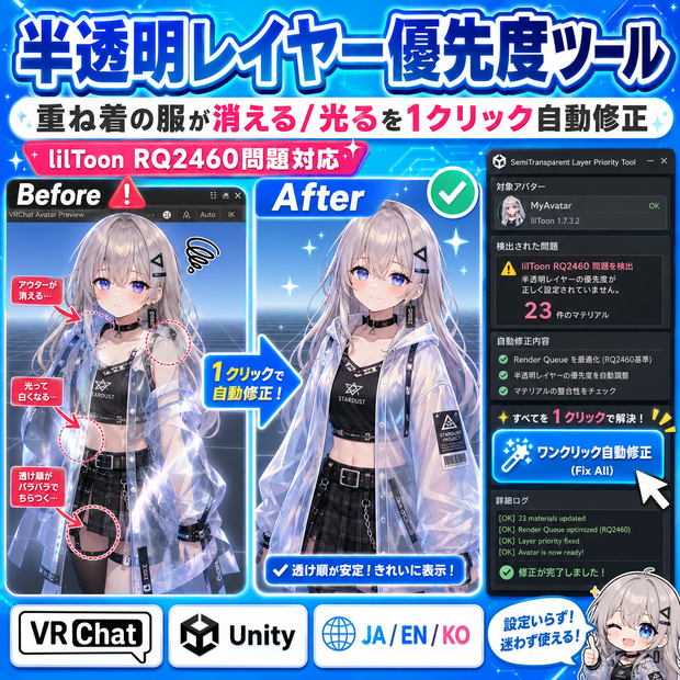 半透明レイヤー優先度ツール - 重ね着の服が消える/光るを1クリック自動修正 lilToon RQ2460問題対応【VRChat Unity】【JA,En,Ko】