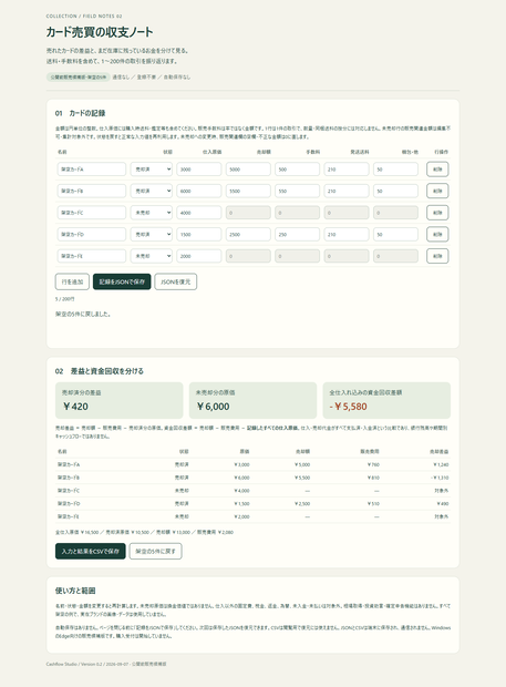 カード売買の収支ノート｜送料込み差益と在庫資金を分ける・Excel不要