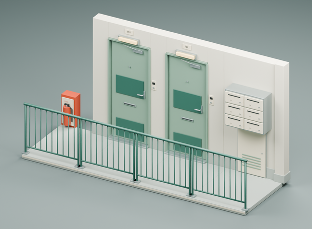団地・アパートの共用廊下｜3D素材13部品｜FBX・GLB・Blender・Unity