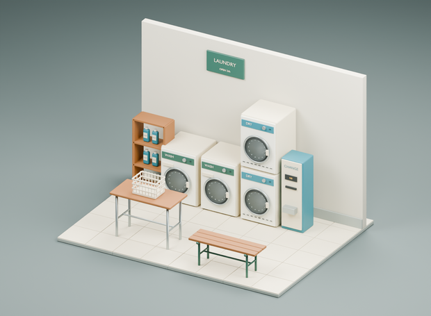 小さなコインランドリーの一角｜3D素材11部品｜FBX・GLB・Blender・Unity