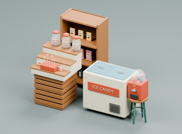 駄菓子屋の店頭陳列｜3D素材12部品｜FBX・GLB・Blender・Unity