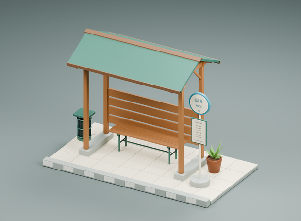田舎の小さなバス待合所｜3D素材8部品｜FBX・GLB・Blender・Unity