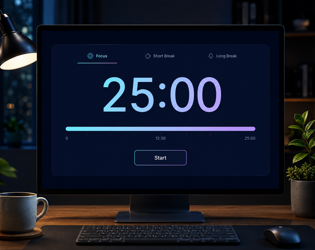 【無料】Focus Desk Timer｜作業・勉強・コワーキング用ポモドーロタイマー（HTML）