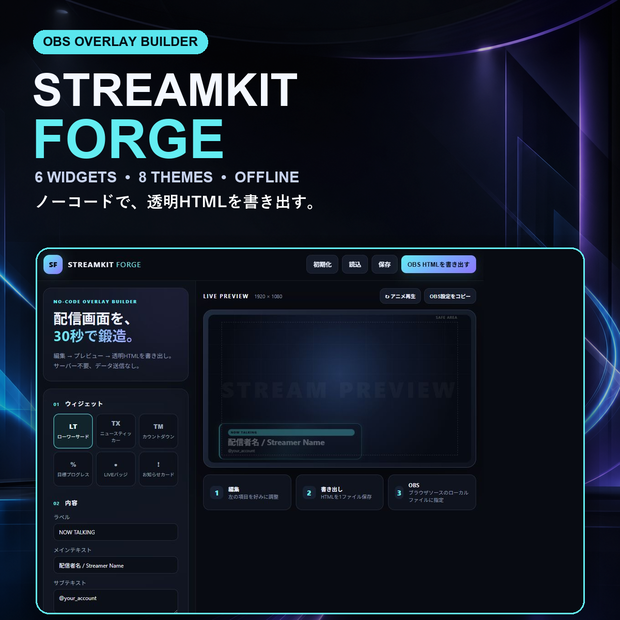 【OBS対応／商用OK】STREAMKIT FORGE｜6種の配信オーバーレイをノーコード作成