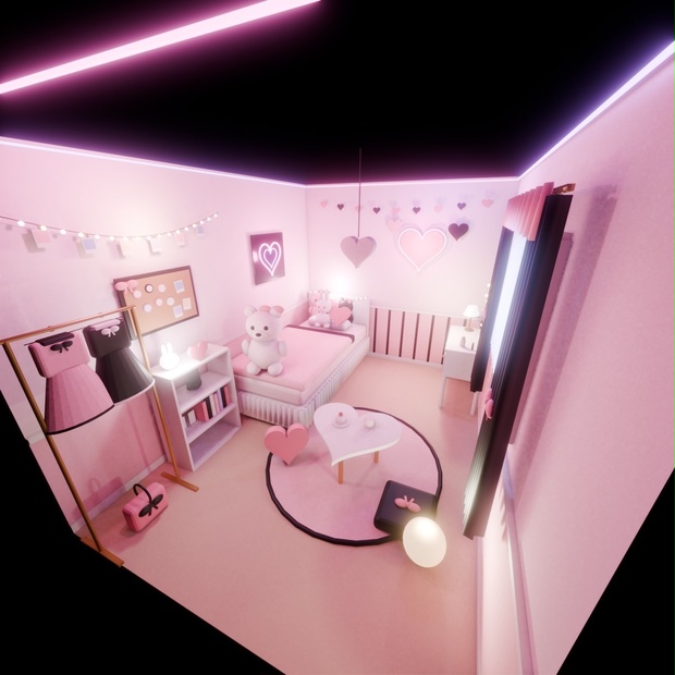 【VRChat想定ワールド】Pink Neon Room｜かわいい地雷系ルーム 家具20点・昼夜ライト付き【PC】