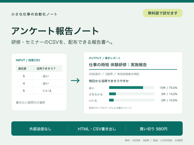 アンケート報告ノート｜研修・セミナーのCSVから集計レポートを作成【無料版あり】