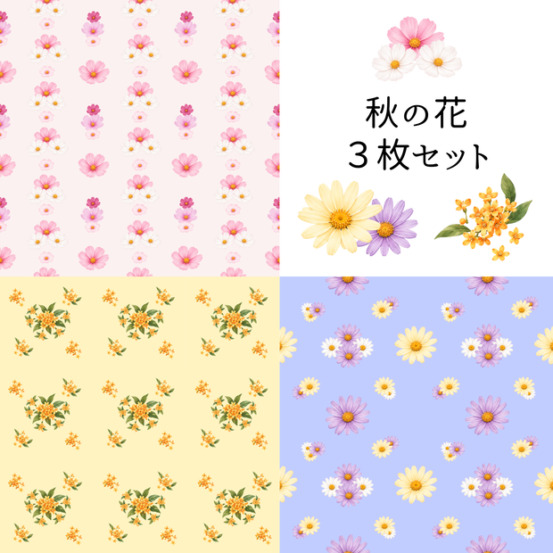 秋の素材｜コスモス｜キンモクセイ｜デイジー｜デジタル素材｜デジタルペーパー｜ラッピング｜セット