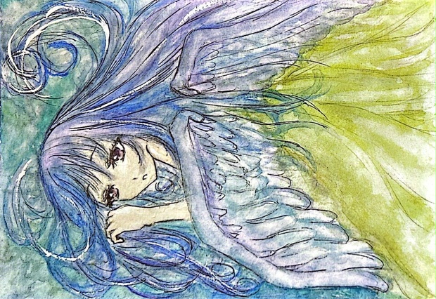 青い翼の天使 ポストカードサイズ原画 - hizumi-illust - BOOTH