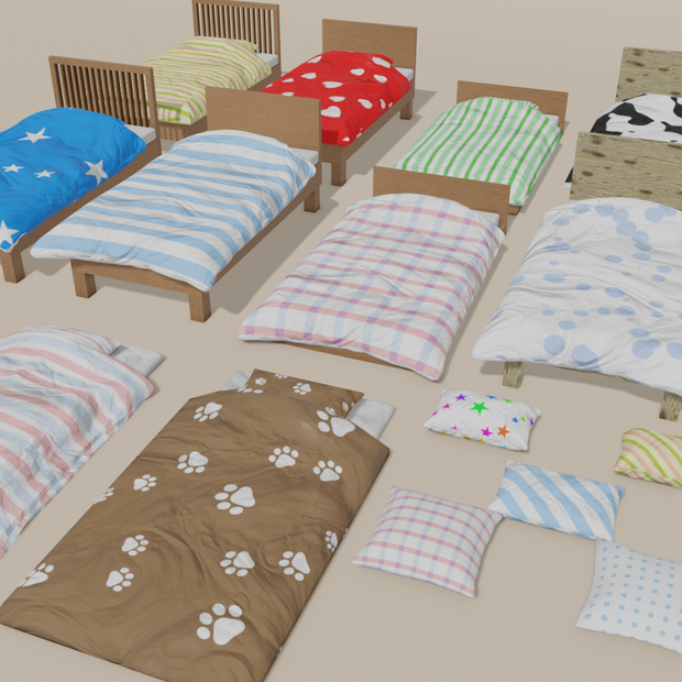 寝具アセット(ベッド,敷布団,まくら,クッション)[Blender,unity]