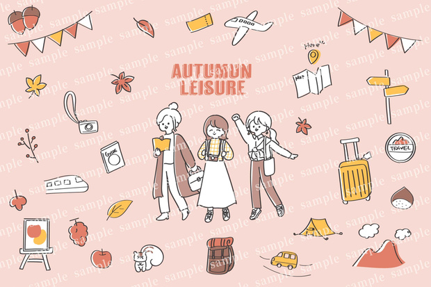 秋の女子旅イラストセット　手描き　ゆるかわいい