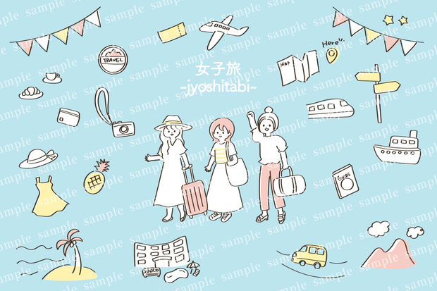 夏の女子旅素材セット　ゆるかわいい　