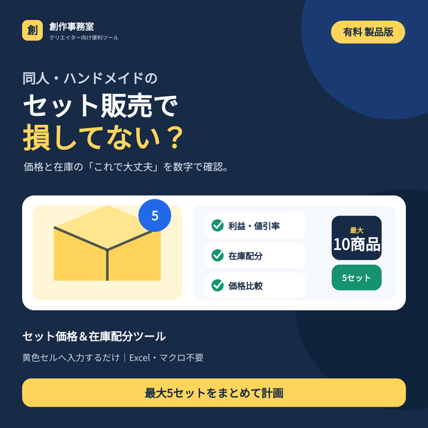 同人・ハンドメイド向け セット価格＆在庫配分Excel｜利益・値引率・在庫不足を自動計算