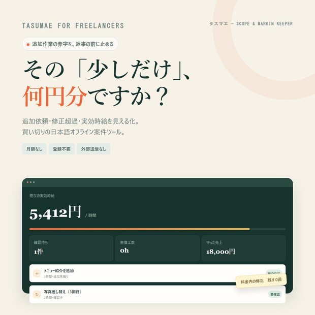 タスマエ｜フリーランスの追加依頼・修正回数・返信文ツール【買い切り・オフライン】