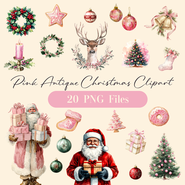 水彩風アンティーク調クリスマスクリップアートセット（全20点・背景透過PNG／商用利用可）