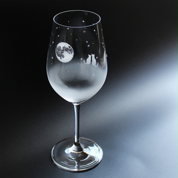 【一緒に見る『満月』の夜空】猫モチーフのワイングラス 名入れ加工対応品（有料） - アトリエキース - BOOTH