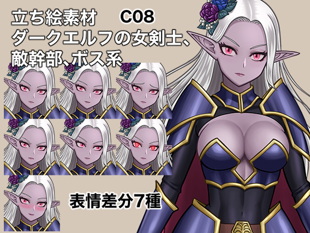 立ち絵素材、ダークエルフの女剣士、敵幹部、ボス系、C08