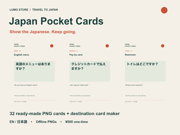 Japan Pocket Cards | 32 Japanese Travel PNGs + Address Card Maker | EN/日本語・無料サンプル