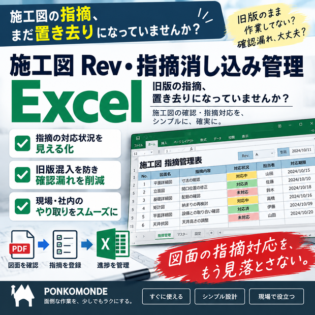 施工図 Rev・指摘消し込み管理Excel｜旧版の指摘、置き去りになっていませんか？