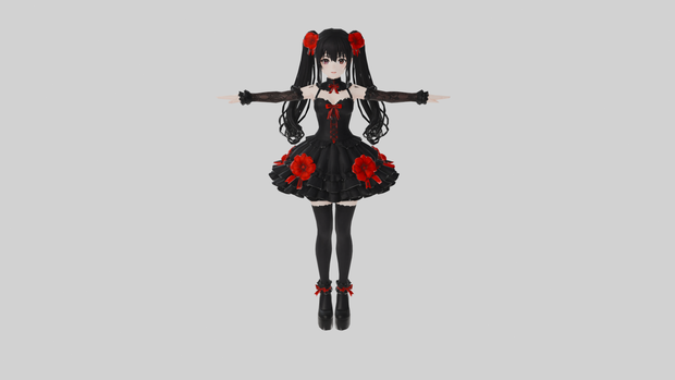 【ダーク系】ブラック×レッド ダークドレス少女 3Dアバター リギング済み【VRChat・VRM対応】