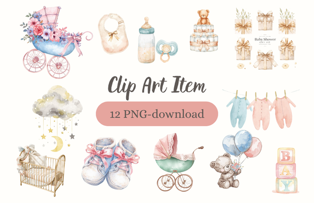 ベビーシャワー 水彩クリップアートセット – 12種類 PNGイラスト｜かわいい手描き風パステルデザイン　Baby Shower Watercolor Clipart Bundle – 12 PNG Illustrations | Cute Hand-Painted Pastel Baby Shower Decor”