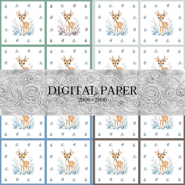 【デジタルペーパー】冬の森/鹿/くすみカラー素材 4枚|商用利用可・高解像度PNG