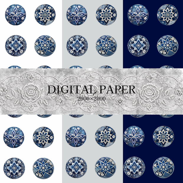 【デジタルペーパー】藍色の和紙風テクスチャ 3枚セット|毬|Japanese WashiPaper|高解像度PNG