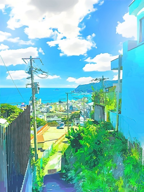 海辺の町の風景画 印刷作品 海の見える町 - Re;creating_world - BOOTH