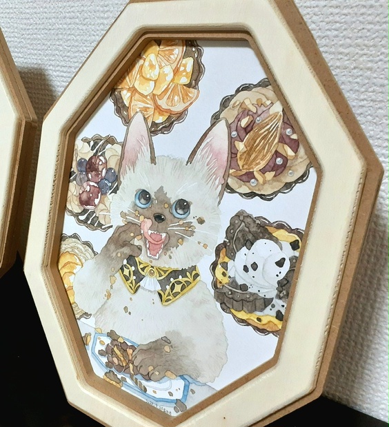 絵画。原画手描【シャム猫たちはデート記念日のためにさくらんぼ