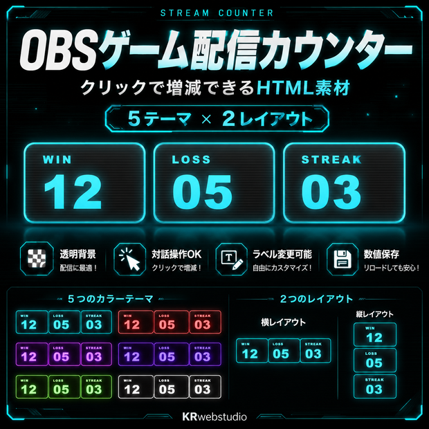 OBSゲーム配信カウンター｜勝敗・デス数・目標表示｜5テーマ×2レイアウト【HTML素材】